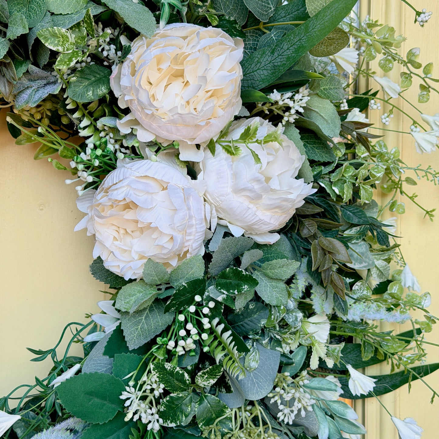 Ivory Peony & Greenery Grapevine Wreath – Elegant Neutral Spring Front Door Decor