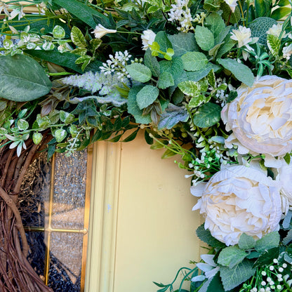 Ivory Peony & Greenery Grapevine Wreath – Elegant Neutral Spring Front Door Decor