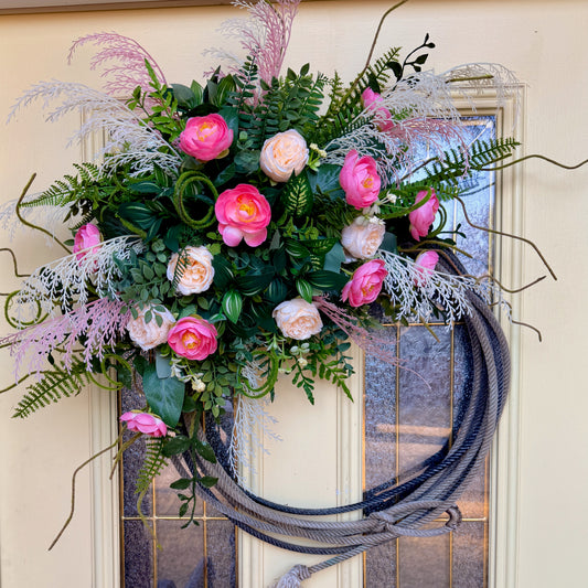 Spring Lariat Rope Wreath – Pink Ranunculus & Blush Rose Front Door Decor | Rustic Western Floral Statement