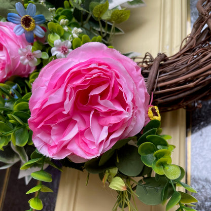 Grapevine Wreath with Pink Roses & Wildflowers