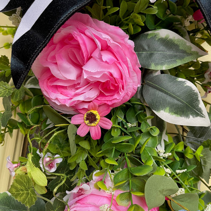 Grapevine Wreath with Pink Roses & Wildflowers