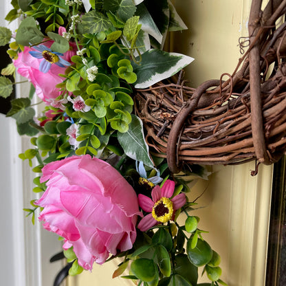 Grapevine Wreath with Pink Roses & Wildflowers