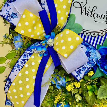 Welcome Deco Mesh Wreath | Blue and Yellow Floral Décor for Front Door