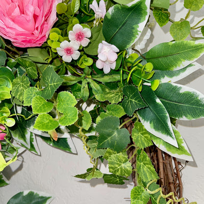Grapevine Wreath with Pink Roses & Wildflowers