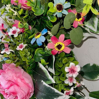 Grapevine Wreath with Pink Roses & Wildflowers