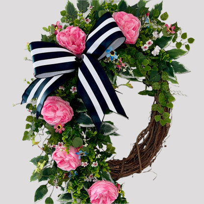 Grapevine Wreath with Pink Roses & Wildflowers