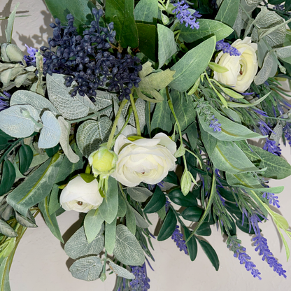 Lavender & Eucalyptus Wreath with White Ranunculus – Farmhouse Year-Round Door Decor
