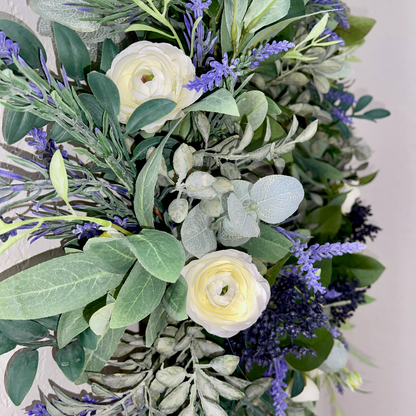 Lavender & Eucalyptus Wreath with White Ranunculus – Farmhouse Year-Round Door Decor