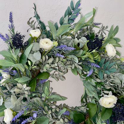 Lavender & Eucalyptus Wreath with White Ranunculus – Farmhouse Year-Round Door Decor