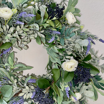 Lavender & Eucalyptus Wreath with White Ranunculus – Farmhouse Year-Round Door Decor