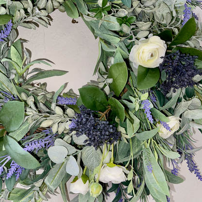 Lavender & Eucalyptus Wreath with White Ranunculus – Farmhouse Year-Round Door Decor