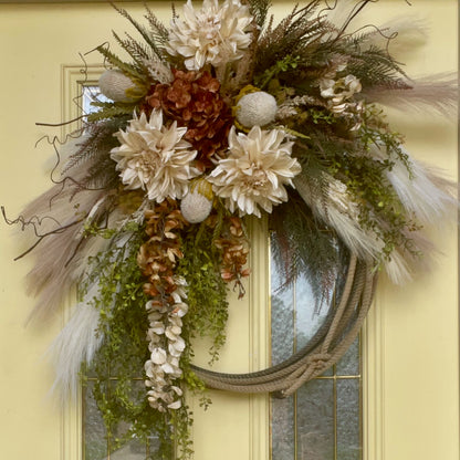Fall Rustic Lariat Rope Wreath – Neutral Western Wall & Door Decor