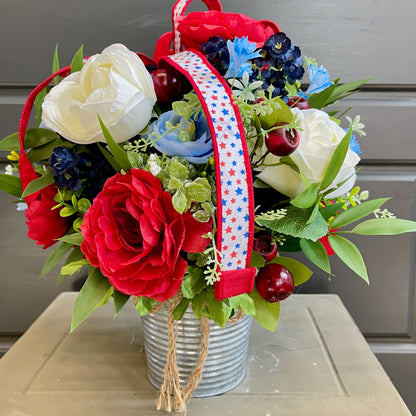 Patriotic Floral Arrangement in Rustic Tin Bucket