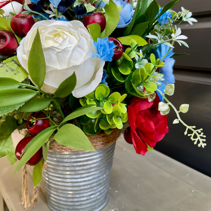 Patriotic Floral Arrangement in Rustic Tin Bucket