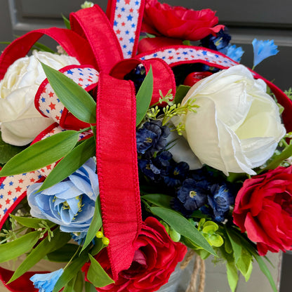 Patriotic Floral Arrangement in Rustic Tin Bucket