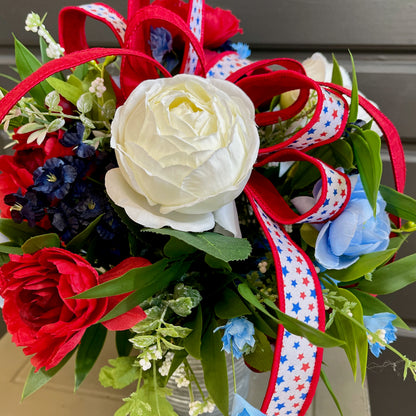 Patriotic Floral Arrangement in Rustic Tin Bucket