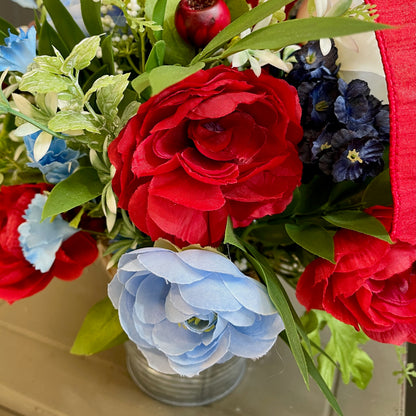 Patriotic Floral Arrangement in Rustic Tin Bucket