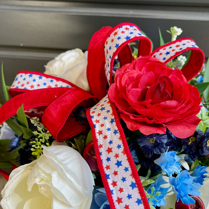 Patriotic Floral Arrangement in Rustic Tin Bucket