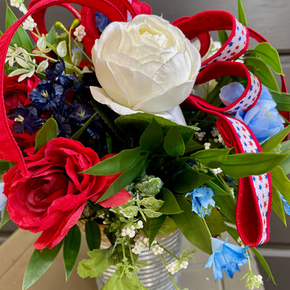 Patriotic Floral Arrangement in Rustic Tin Bucket