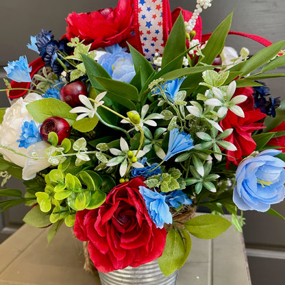 Patriotic Floral Arrangement in Rustic Tin Bucket