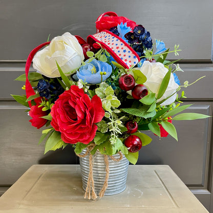 Patriotic Floral Arrangement in Rustic Tin Bucket