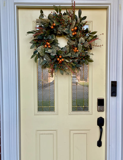 Frosted Green and Orange Berry Fall Wreath – Neutral Autumn Wreath f