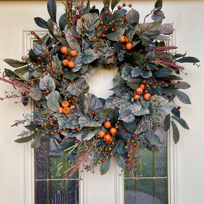 Frosted Green and Orange Berry Fall Wreath – Neutral Autumn Wreath f