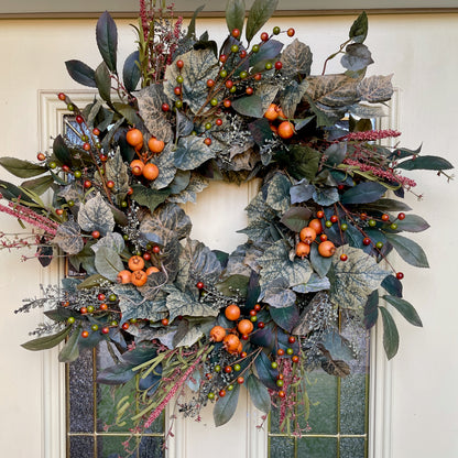 Frosted Green and Orange Berry Fall Wreath – Neutral Autumn Wreath f