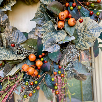 Frosted Green and Orange Berry Fall Wreath – Neutral Autumn Wreath f