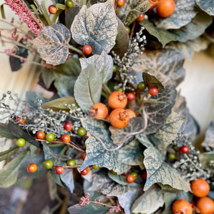 Frosted Green and Orange Berry Fall Wreath – Neutral Autumn Wreath f