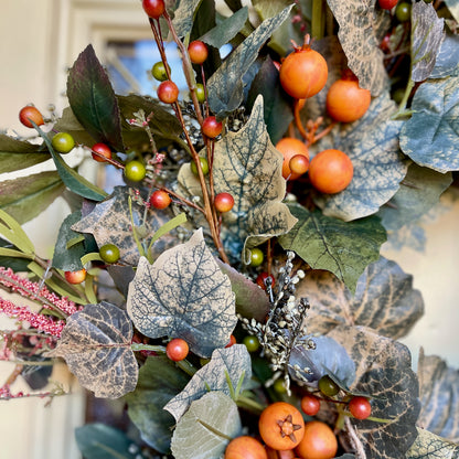 Frosted Green and Orange Berry Fall Wreath – Neutral Autumn Wreath f