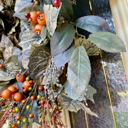 Frosted Green and Orange Berry Fall Wreath – Neutral Autumn Wreath f