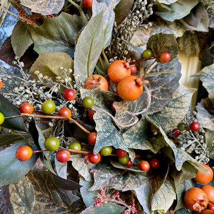 Frosted Green and Orange Berry Fall Wreath – Neutral Autumn Wreath f