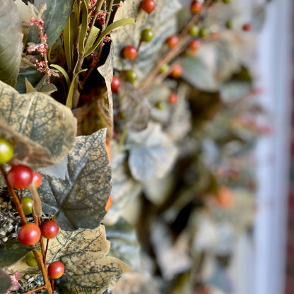 Frosted Green and Orange Berry Fall Wreath – Neutral Autumn Wreath f