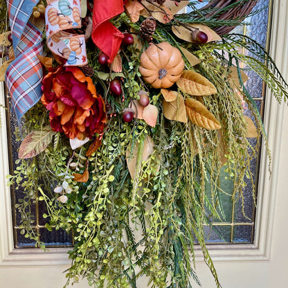 Fall Wreath with Pumpkins and Rust Peonies – Cascading Greenery Autumn Wreath for Front Door
