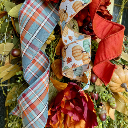 Fall Wreath with Pumpkins and Rust Peonies – Cascading Greenery Autumn Wreath for Front Door