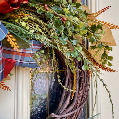 Fall Wreath with Pumpkins and Rust Peonies – Cascading Greenery Autumn Wreath for Front Door