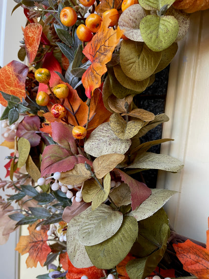 Fall Wreath for Front Door | Rustic Autumn Grapevine Wreath with Berries | Thanksgiving Door Decor | Autumn Decorations