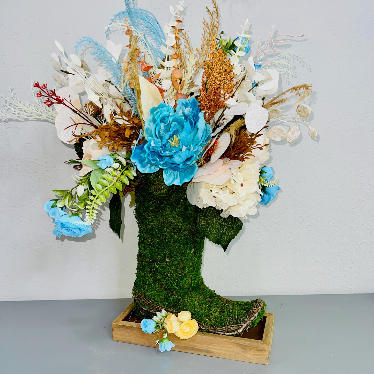 Turquoise Cowgirl Moss Boot Centerpiece | Rustic Western Farmhouse Floral Arrangement