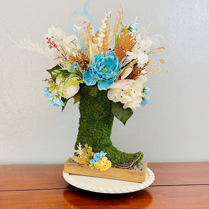 Turquoise Cowgirl Moss Boot Centerpiece | Rustic Western Farmhouse Floral Arrangement