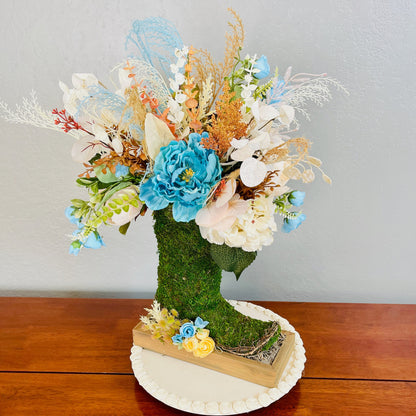 Turquoise Cowgirl Moss Boot Centerpiece | Rustic Western Farmhouse Floral Arrangement