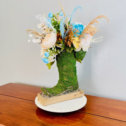 Turquoise Cowgirl Moss Boot Centerpiece | Rustic Western Farmhouse Floral Arrangement