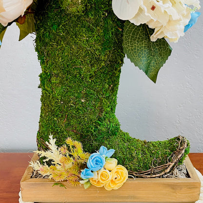 Turquoise Cowgirl Moss Boot Centerpiece | Rustic Western Farmhouse Floral Arrangement