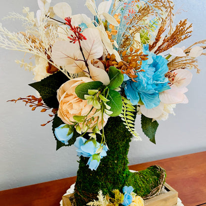 Turquoise Cowgirl Moss Boot Centerpiece | Rustic Western Farmhouse Floral Arrangement