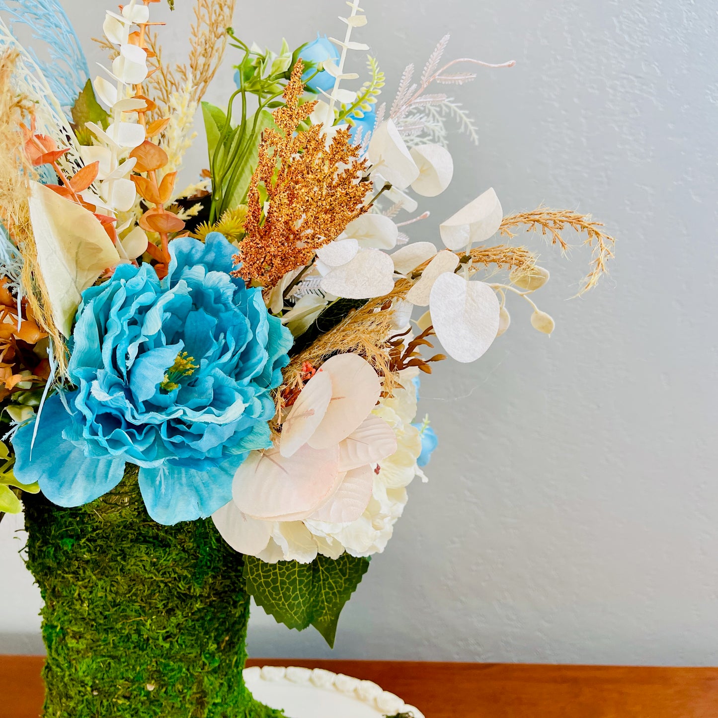Turquoise Cowgirl Moss Boot Centerpiece | Rustic Western Farmhouse Floral Arrangement