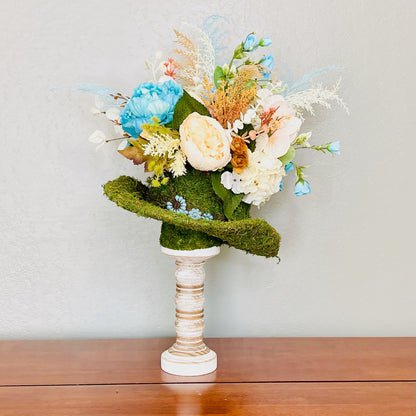 Moss Hat Candlestick Arrangement | Rustic Western Floral Centerpiece with Turquoise Peonies & Roses