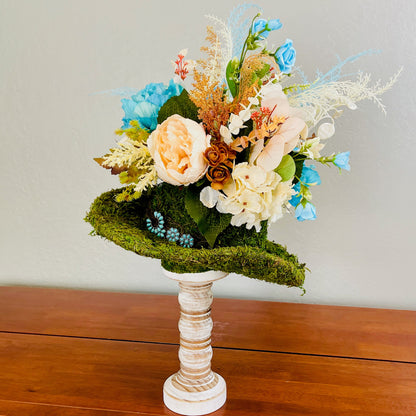 Moss Hat Candlestick Arrangement | Rustic Western Floral Centerpiece with Turquoise Peonies & Roses