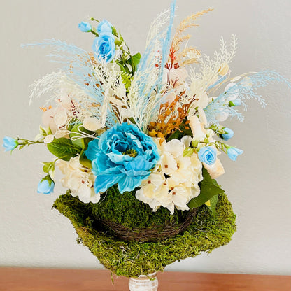 Moss Hat Candlestick Arrangement | Rustic Western Floral Centerpiece with Turquoise Peonies & Roses