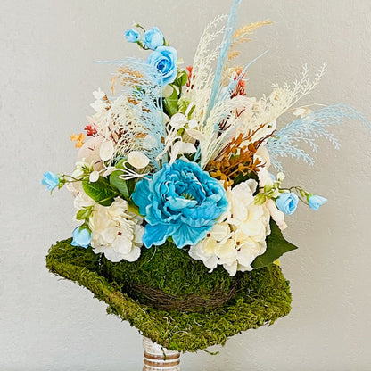 Moss Hat Candlestick Arrangement | Rustic Western Floral Centerpiece with Turquoise Peonies & Roses