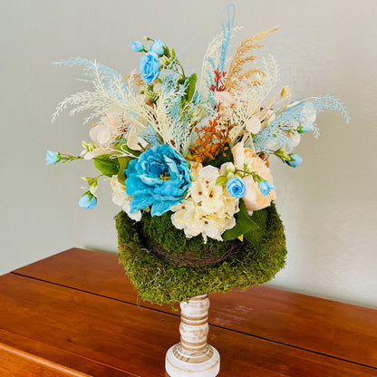 Moss Hat Candlestick Arrangement | Rustic Western Floral Centerpiece with Turquoise Peonies & Roses